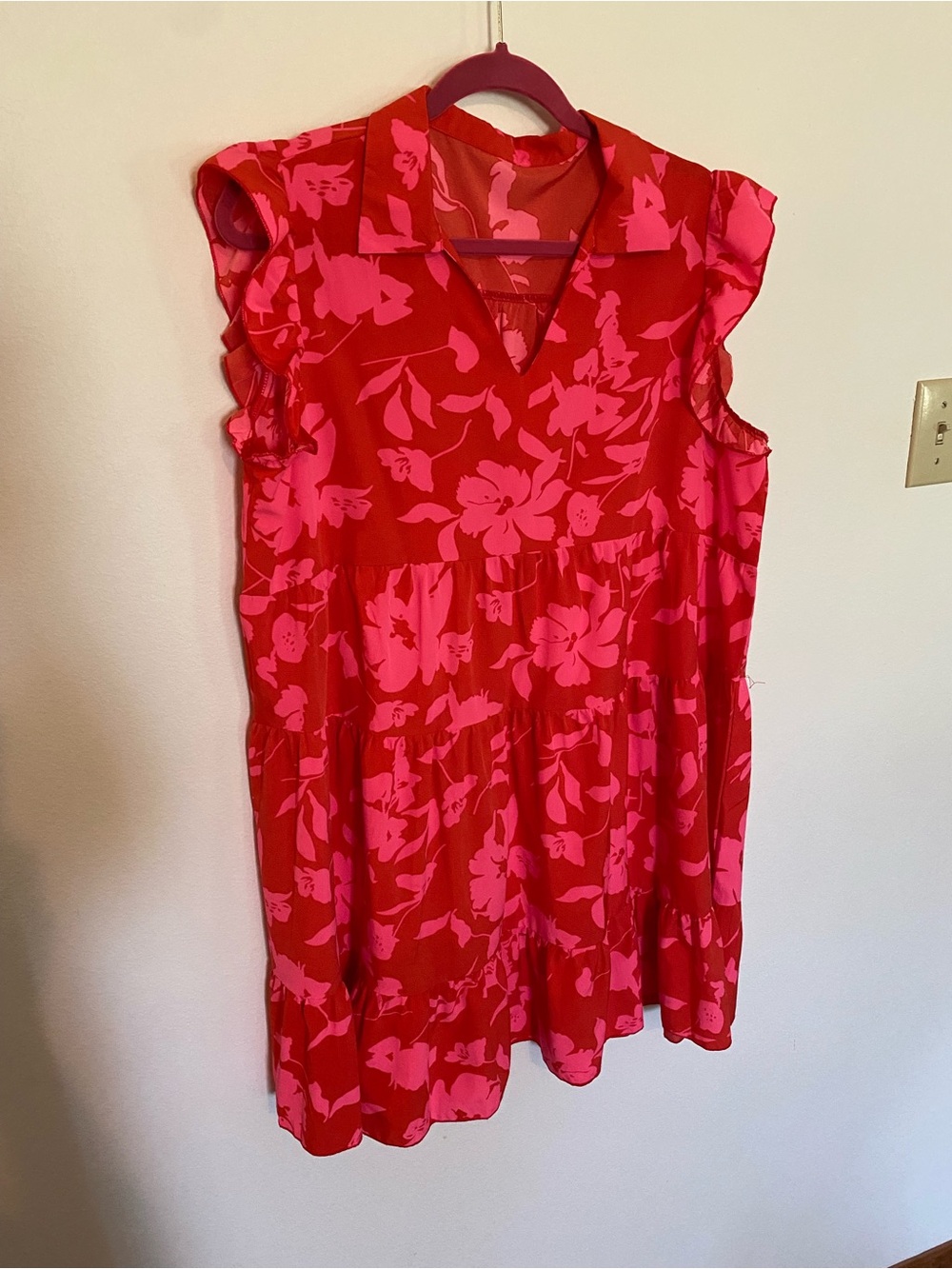 SHEIN Red and Pink Floral Collared Tiered Mini Dress